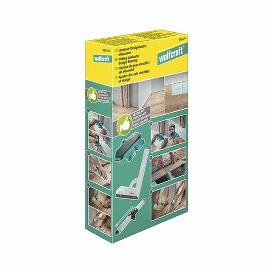 Wolfcraft laminaat legset doos met afbeeldingen van de contourmal, laminaatinpasser en winkelhaak.