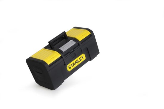Zwarte gereedschapskoffer van Stanley met gele accenten en handvat.