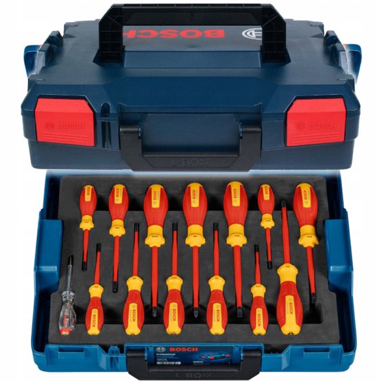 Bosch L-BOXX met 16 geïsoleerde schroevendraaiers in zwarte schuimrubberen inleg.