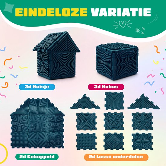 Een huis en kubus fidget speelgoed in donkerblauw, naast losse 2D onderdelen en een geassembleerd huis.