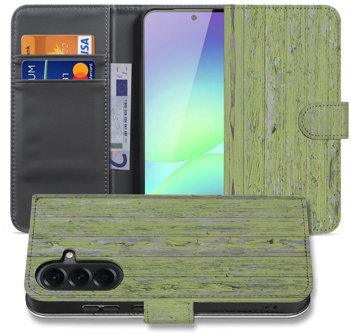 Book Case Samsung Galaxy A37 Groen Houtnerf met Pasjeshouder