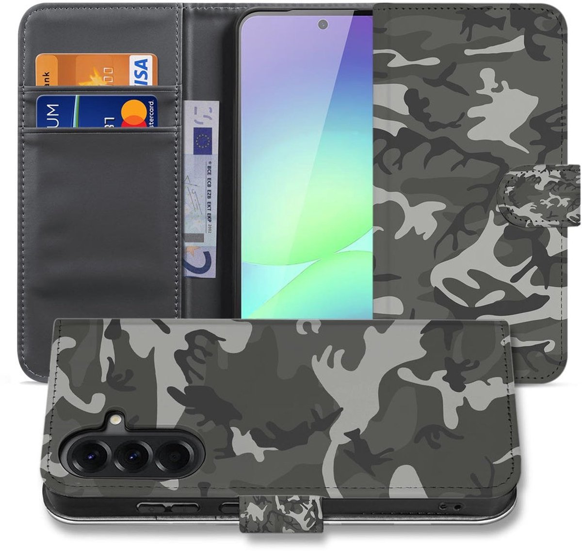 Samsung Galaxy A37 Book Case Hoesje Army Light Camouflage met Pasjeshouder