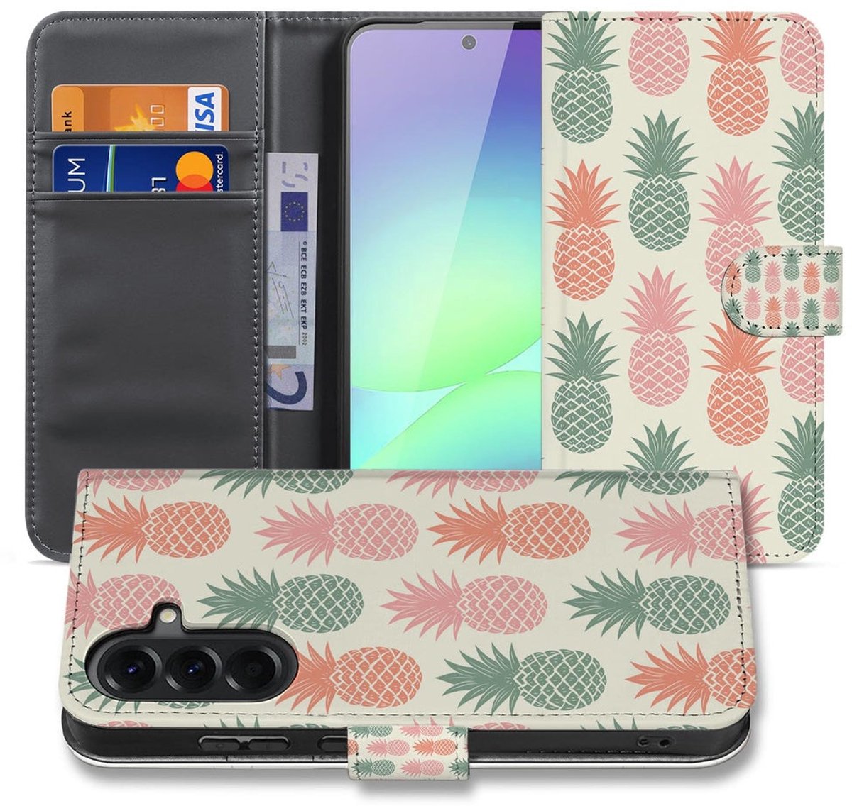 Samsung Galaxy A37 Book Case Ananas Roze Rood Groen Portemonnee Hoesje