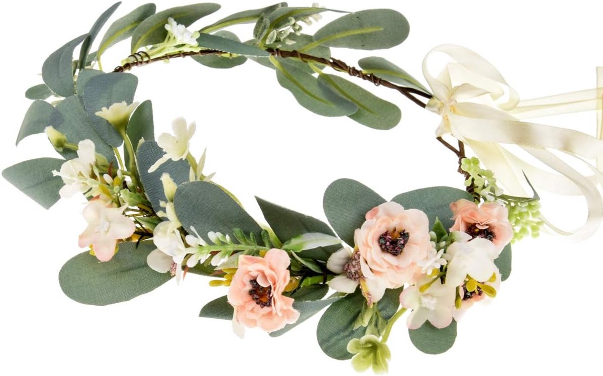Bloem Kroon Hoofdband - Bloemenkrans Bruiloft - Feestelijk Accessoire - Handgemaakt Ontwerp - Eucalyptus Bladeren - Roze