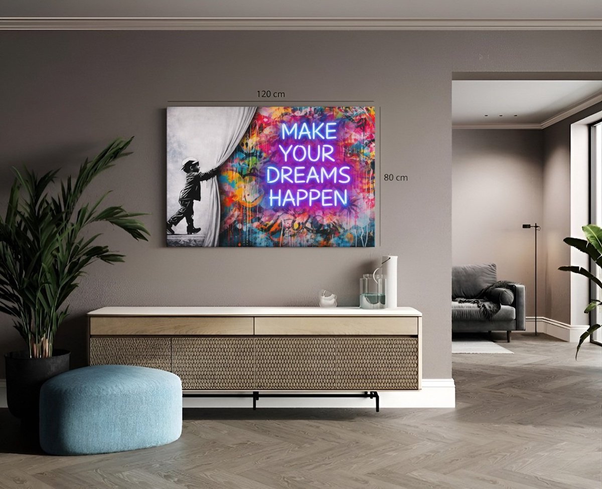 Trendex Global Canvas Schilderij - Graffiti - Gordijn - Street Art - 60x40x2 cm Kleurrijk