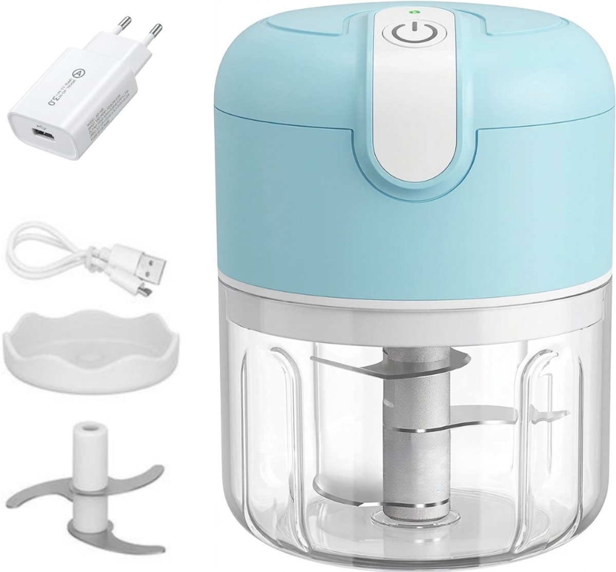 COCHO® Elektrische Hakmolen – USB Oplaadbaar – Mini Chopper 250 ml – Draadloos – Voor Groenten, Babyvoeding & Meal Prep – Licht Blauw + Een snellader