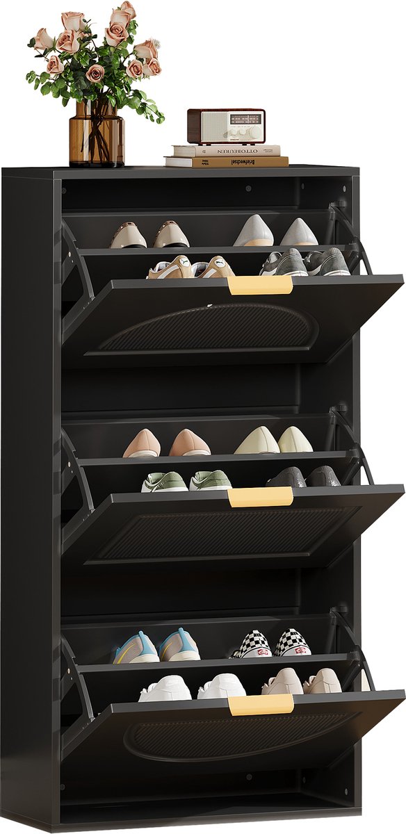 YYchan- Schoenenrek - schoenenkast met 3 deuren - schoenenkast voor hal of woonkamer- 60 x 24 x 114 cm - Anti-kantel - zwart