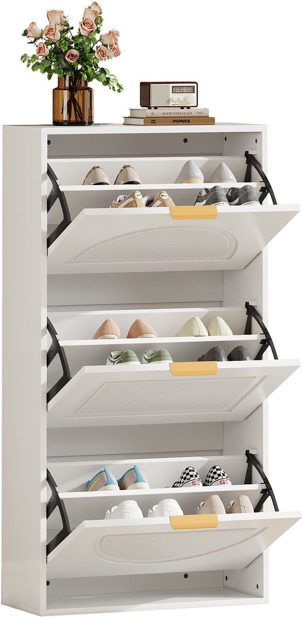 YYchan Schoenenrek - Schoenenkast met 3 Kleppen - Smal Schoenenrek voor Hal/Woonkamer - 60x24x114 cm - Anti-kantel - Wit