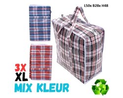 Opbergtas | 3 Stuks - XL - Mix kleuren - Big shopper | Reistas extra groot | Grote boodschappentas | Zak geruit | Mega tas | Wastas | Boodschappentas met rits - Turkentas