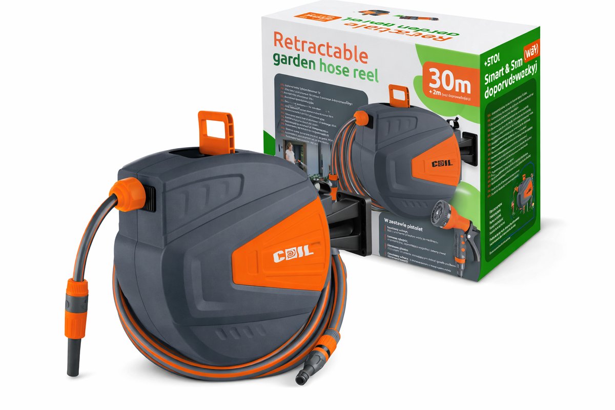 COIL Tuinslang - Retractable Tuinslanghaspel 30m + 2m – Automatisch Oprolsysteem met Smart Stop – Inclusief 9functioneel Sproeipistool – Wandmontage