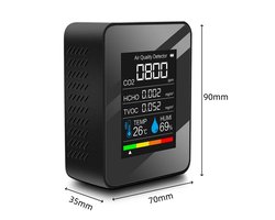 carmdering – 5-in-1 Indoor Air Quality Monitor – CO2 meter – Luchtkwaliteitsmeter – Met hygrometer en thermometer – Draagbaar & oplaadbaar – Luchtkwaliteitstest voor thuis, kantoor, school, hotel en auto -zwart