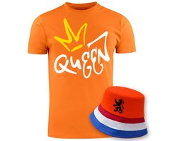 Koningsdag Queen 2026 Oranje T-shirt + Oranje Hoed - Dames Kingsday Festival Outfit