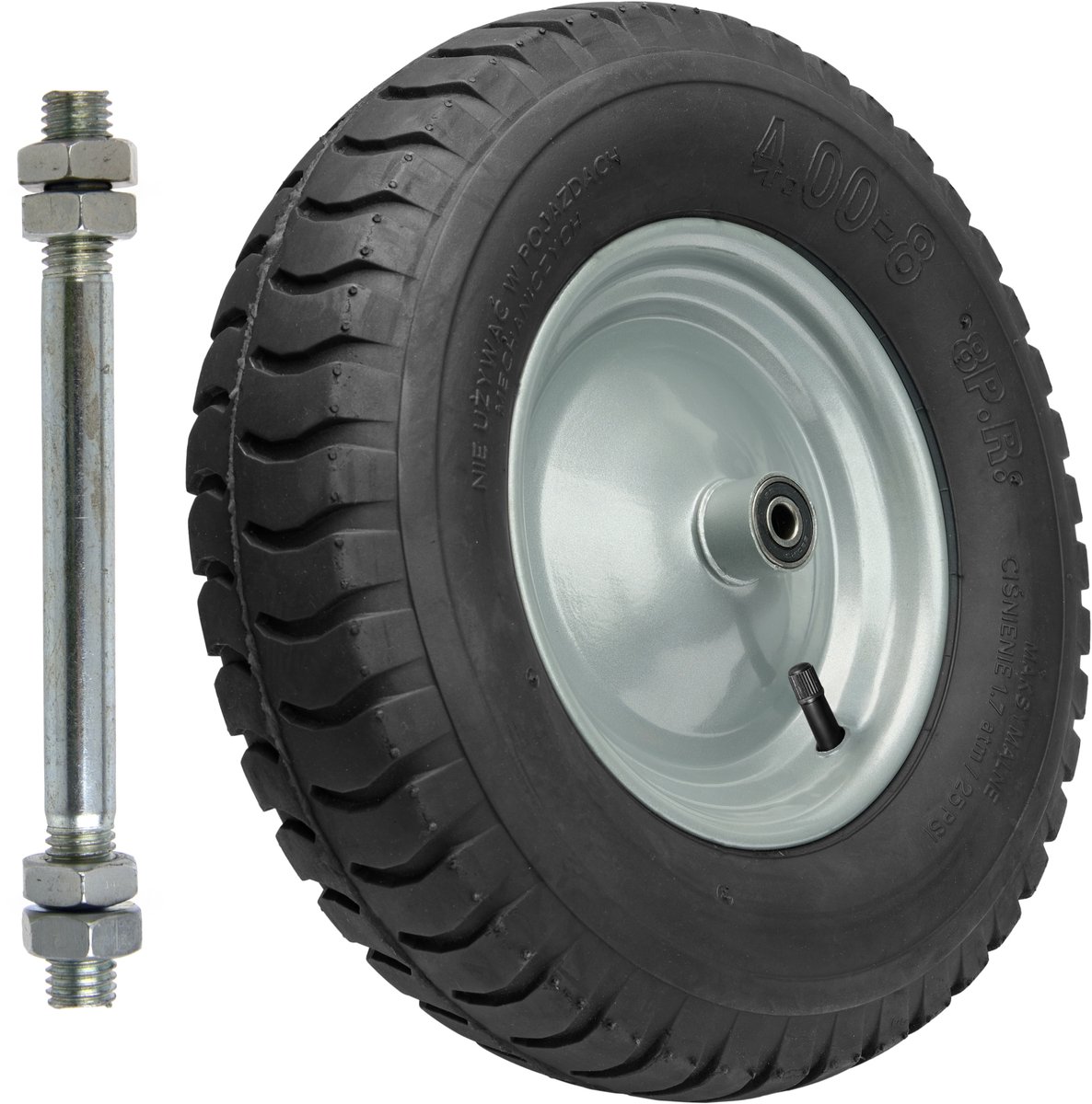 GARRONDA - Vervangwiel Kruiwagen 4.80/4.00-8 Kruiwagenwiel Ø 405 mm Luchtband 8PR Band tot 180 kg met As Stalen Velg Kogellager voor Tuinwagen Erf Bouwplaats GD-0163, Zwart-Zilver
