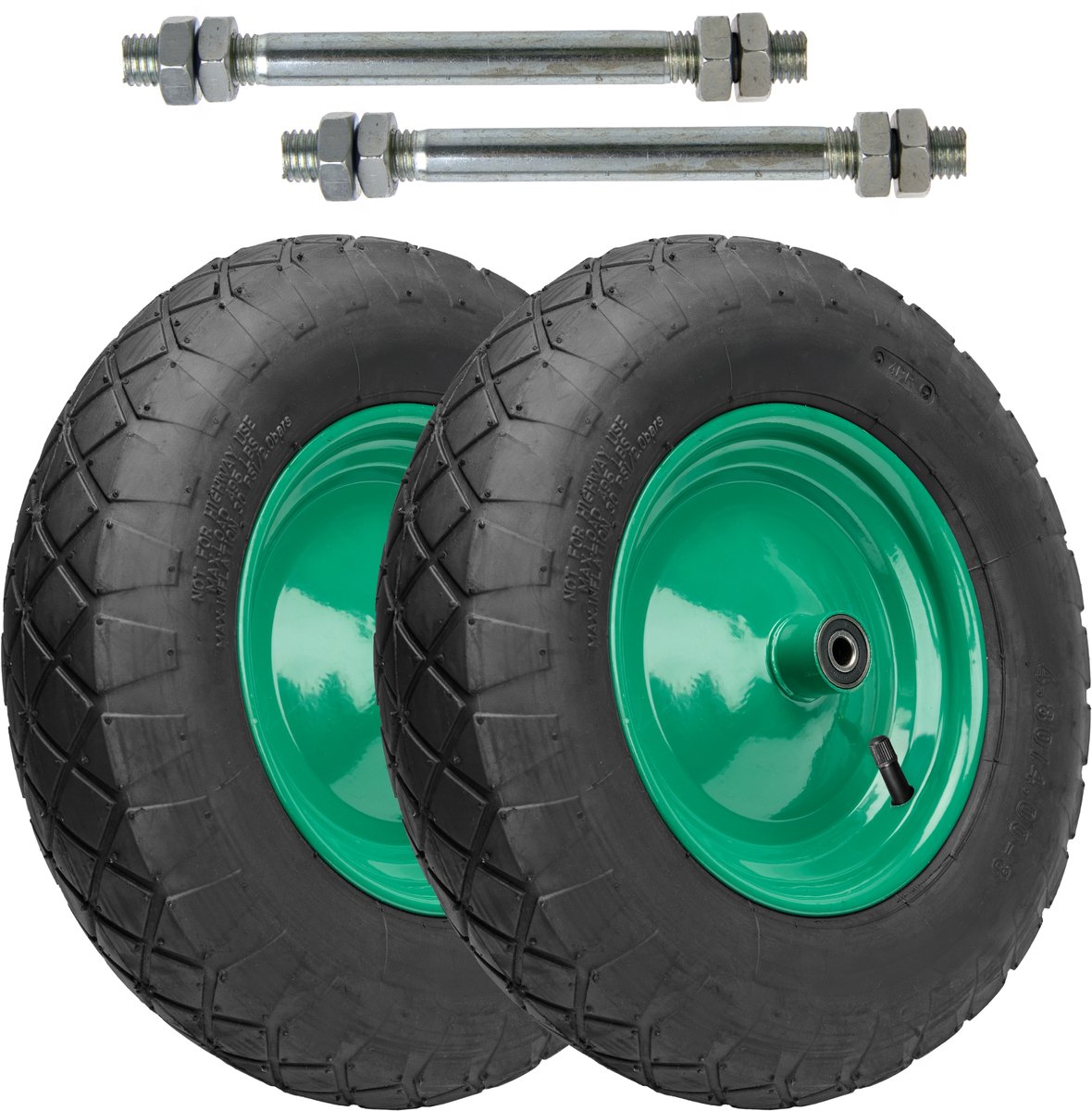 GARRONDA 2-pack zwart-groen - Vervangwiel Kruiwagen 4.80/4.00-8 Kruiwagenwiel Ø 390 mm Luchtband 4PR Band tot 120 kg met As Stalen Velg Kogellager voor Tuinwagen Erf Bouwplaats GD-0163, Zwart-Groen