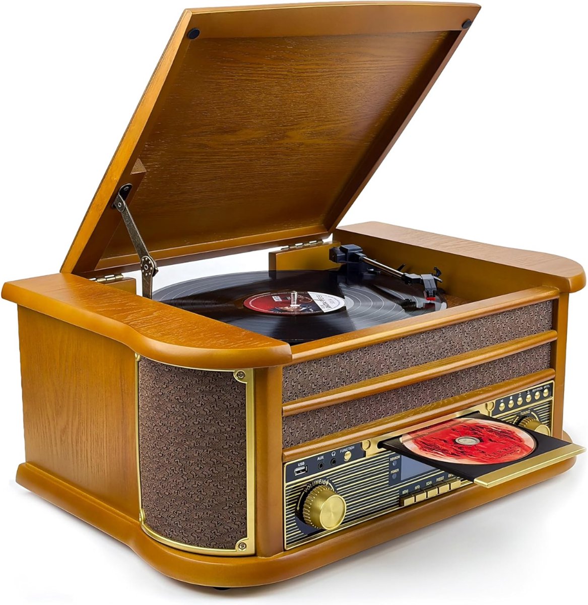 DEXO® Platenspeler met Cd Speler - Platenspeler Retro - Cd Speler met DAB+ en FM - Inclusief Bluetooth - Bruin - 35cm x 51cm x 22cm