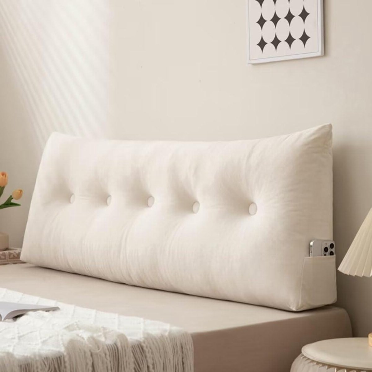 Hoofdkussen met Rugsteun - Leeskussen Driehoek - Comfortabel Lezen - Zijvakken - 99 x 12 x 40cm - Beige