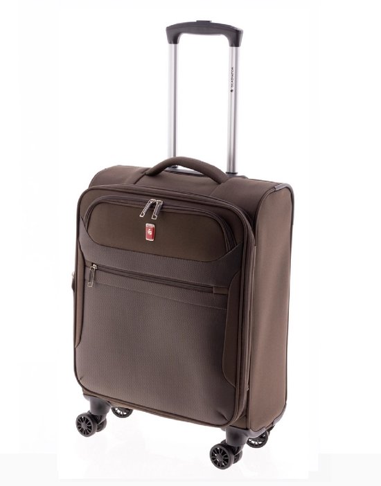 Bruine handbagage koffer met vier wielen, uitschuifbaar handvat, en meerdere ritsvakken.