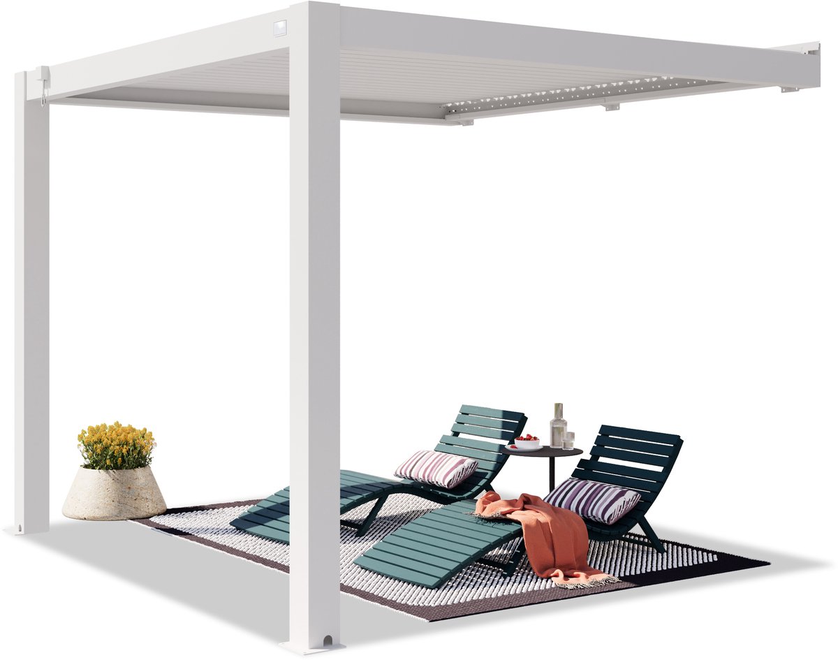 PRIMEYARD Pergola aan huis 3x3 m staanders van aluminium met aluminium lamellendak witte muurpergola