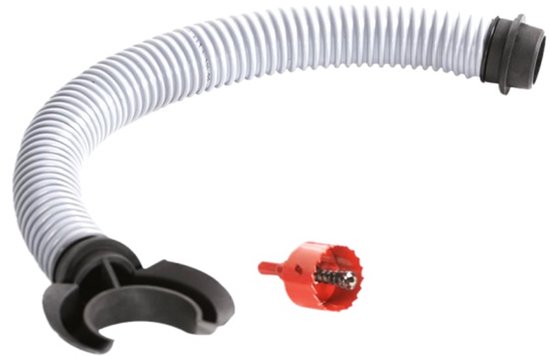 Tuyau flexible gris avec connecteurs noirs et un adaptateur de perceuse rouge pour la collecte d'eau de pluie.