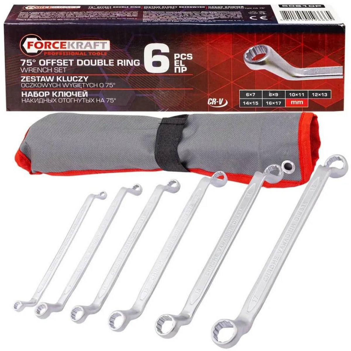 Forcekraft FK-50610P Serie - Gebogen Ringsleutel Set - 6-17 mm - Anticorrosie - 75° Hoek