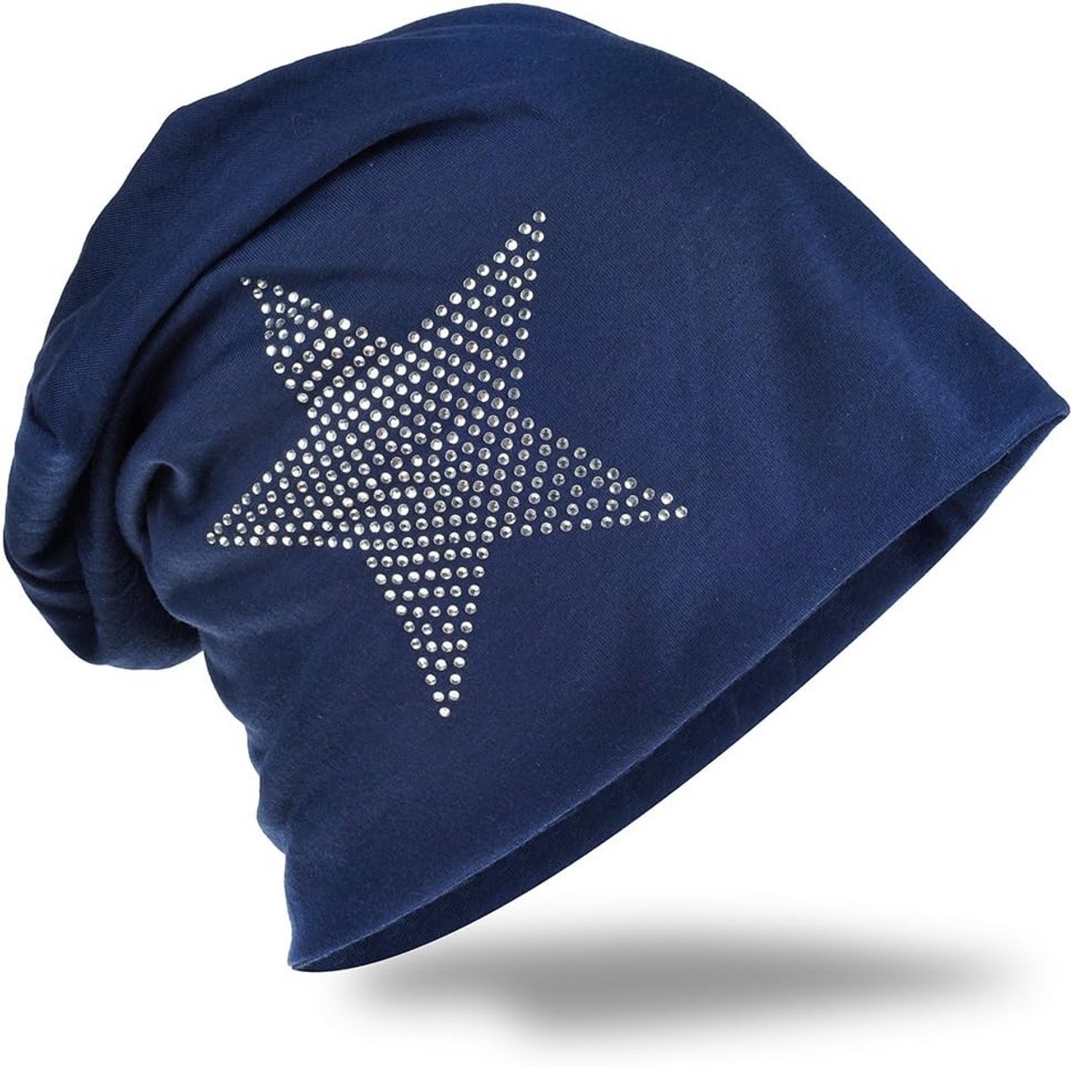 Extra Lange Slouch Beanie Muts Donkerblauw met Strass Ster Applicatie - Uniseks