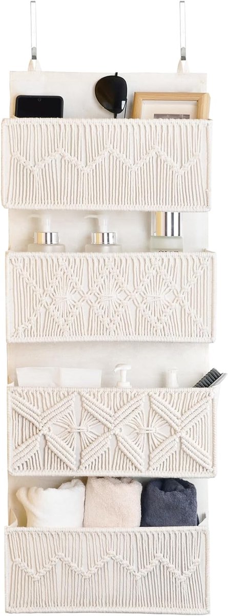 Deur Organizer - Boho Opberger - Kamer Ordenen - 4 Grote Zakken - 35x19x8 cm - Ivoor