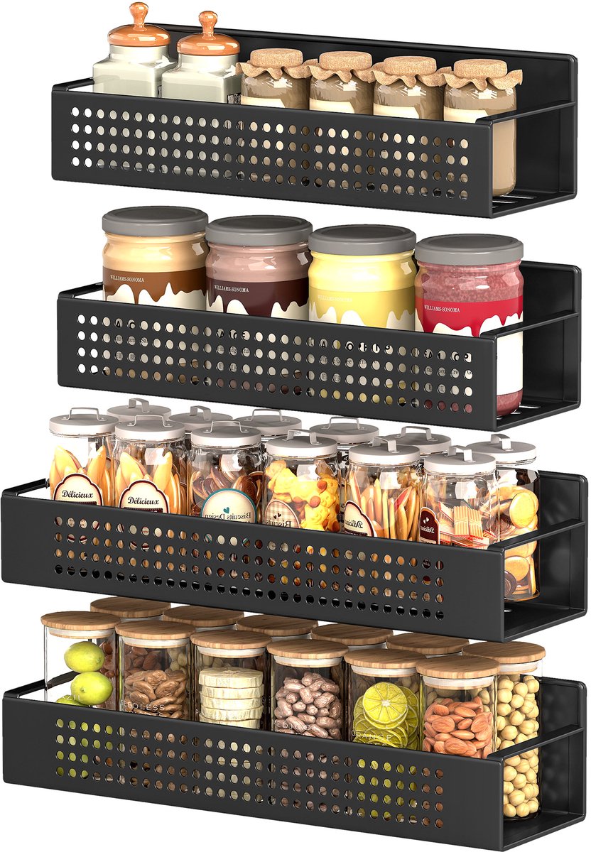 SONGMICS KCS061B01 - Magnetisch Kruidenrek Set van 4 - Zonder Boren - Voor Keuken Koelkast Magnetron Wasmachine