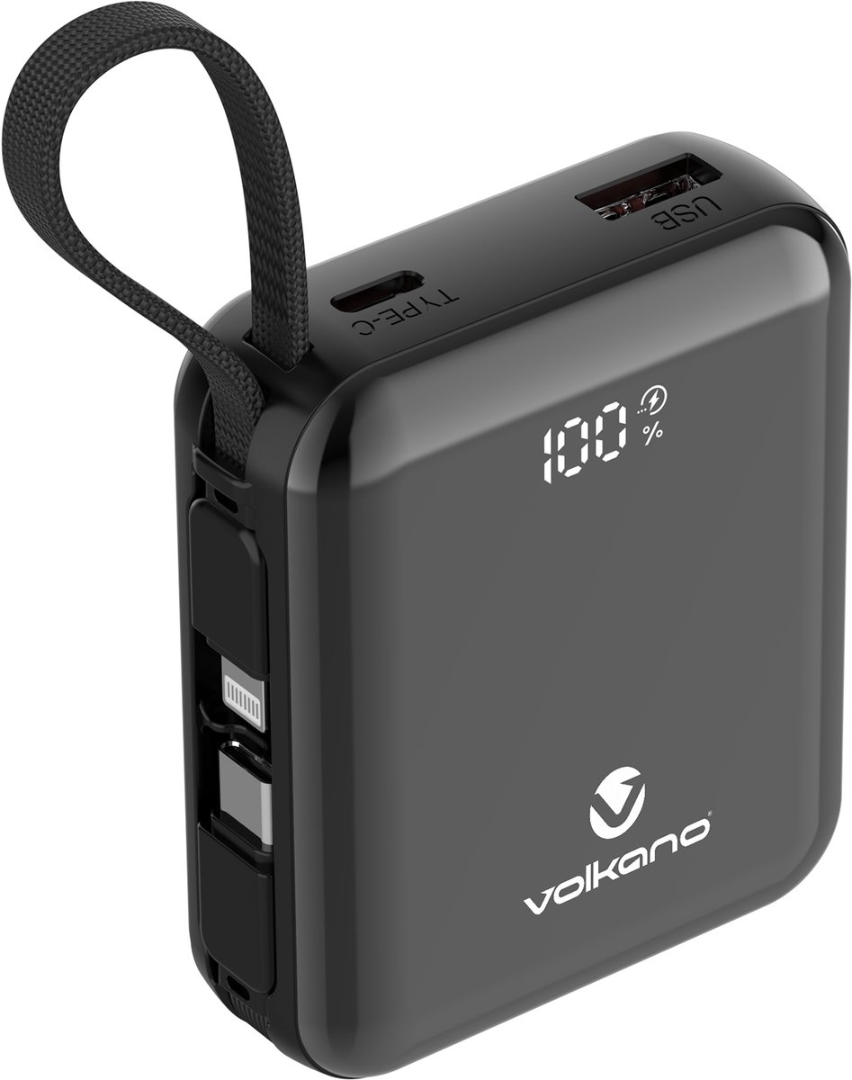 Volkano Solace - Powerbank 10000 mAh Ingebouwde Kabels - Powerbank - USB A, USB C en Lightning - Zwart