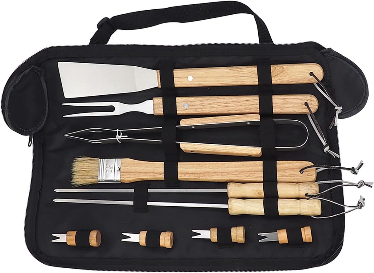 Grillgereedschap Set - BBQ Tools - Buiten Koken - Roestvrij Staal - 43cm Lengte - Houten Handvat