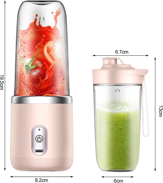 Draagbare Blender - 400ml - Incl. To Go Bekers - 6 Mesjes - Blender To Go -Smoothie Maker - Portable Blender - Oplaadbare mini Blender - USB-C - Oplaadbare Blenders - Draadloze Smoothie - Shake Maker - Voor milkshakes, sappen, smoothies - Roze van Merkloos — afbeelding 5