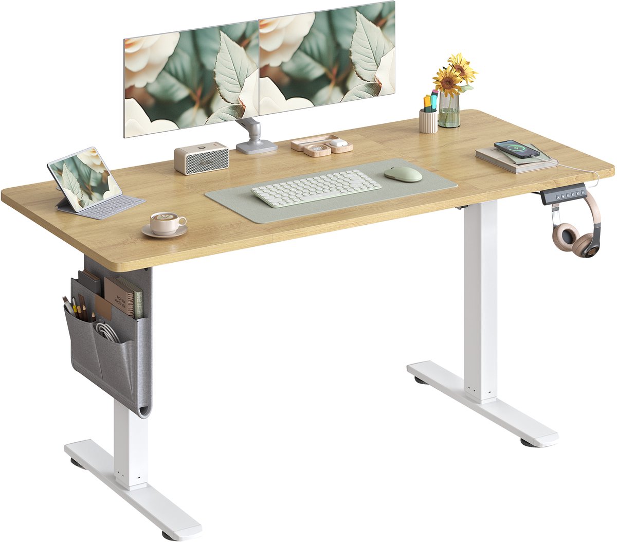 Songmics Zit Sta Bureau - Elektrisch - Memoryfunctie en USB-C-Aansluiting - 4 Hoogte-instellingen Wit-eiken