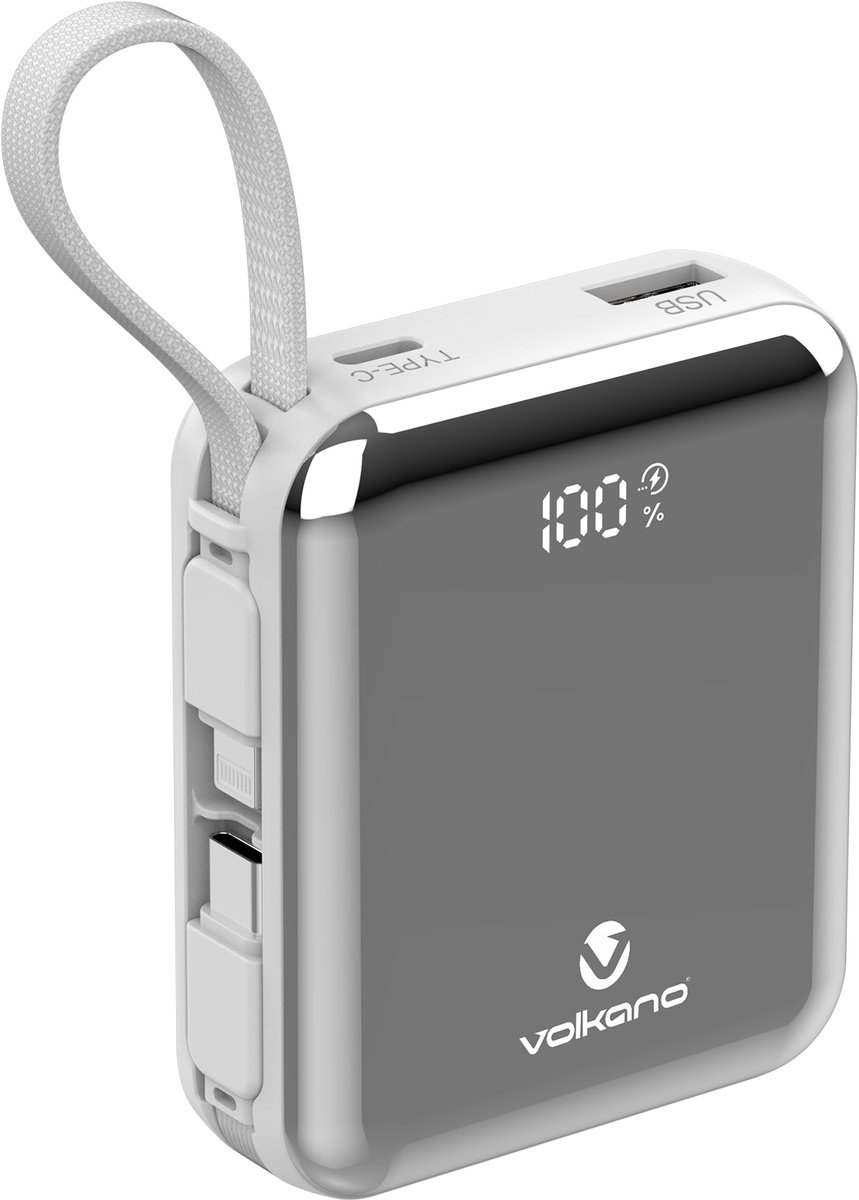 Volkano Solace - Powerbank 10000 mAh Ingebouwde Kabels - Powerbank - USB A, USB C en Lightning - Wit Zilver