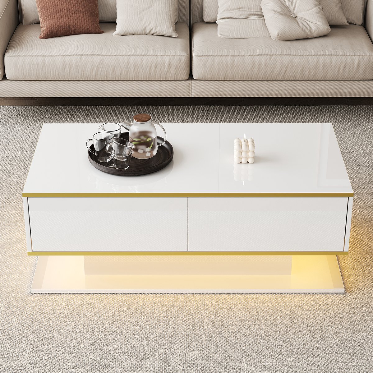 MODFU Salontafel - Met LED-Verlichting En 3 Lades - Modern - Voor Woonkamer - Spaanplaat - Wit En Goud - 100 x 50 x 40 cm Wit+Goud