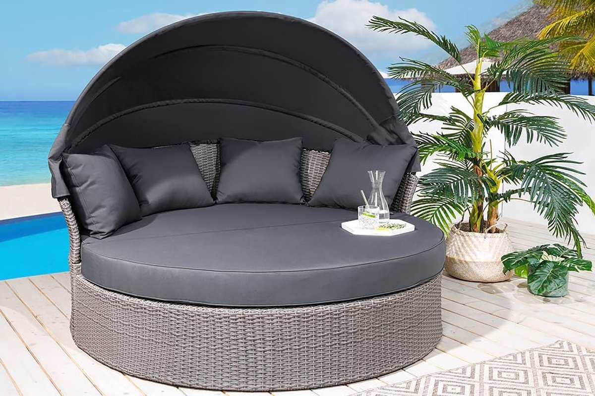 Zonne-eiland 2-persoons rond ligbed 150x165x150 cm met draaibaar zitvlak en kussens – modulair outdoor loungebed, weerbestendig tuinmeubel balkon terras – grijs – Urbanhome