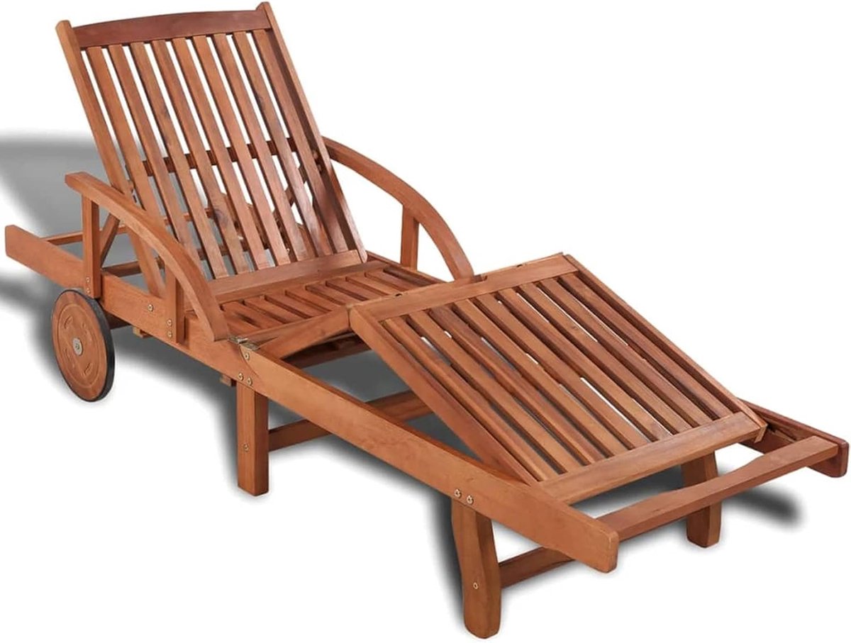 Acacia Houten Verstelbare Luxe Sun Island Ligbed met Armleuningen, Voetsteun en Wielen voor Tuin, Terras & Buiten Relaxen