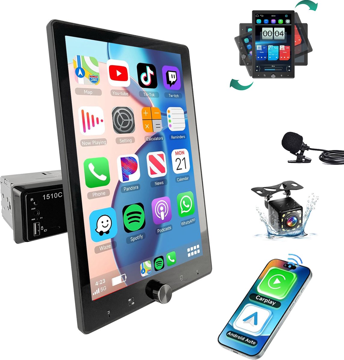 ESSGOO 1Din Autoradio - Apple Carplay & Android Auto - 10.4 inch HD verstelbaar scherm - USB, Aux, Bluetooth - Achteruitrijcamera & Microfoon