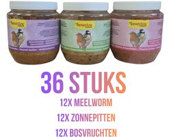 Benelux Vogelpindakaas Bundel 36 stuks - 12x Bosvruchten 12x Meelwormen en 12x Zonnepitten - Buitenvogelvoer