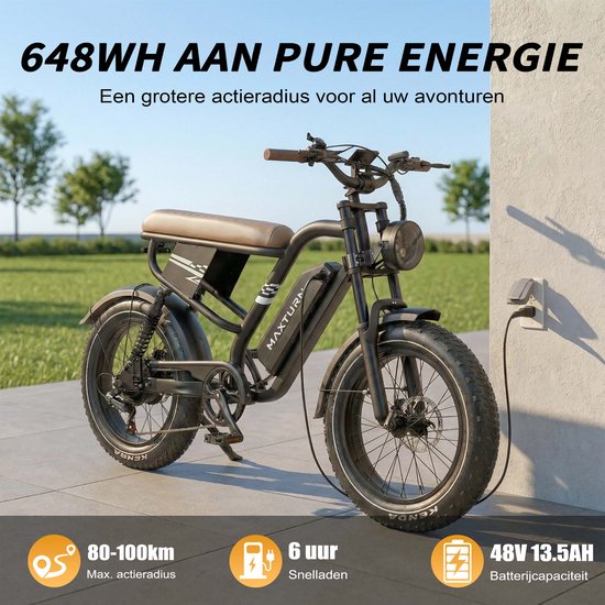 Maxtron MX10 Elektrische Fiets - 648Wh Accu - Actieradius tot 100 km - 20×4.0 Inch Fatbike Banden - Dubbele Verende Voorvork (Aluminium/Staal) - Shimano 7 Versnellingen - Mechanische Schijfremmen - Stadsfiets - Max. Belastbaar 120 kg - Zwart van Maxtron — afbeelding 5