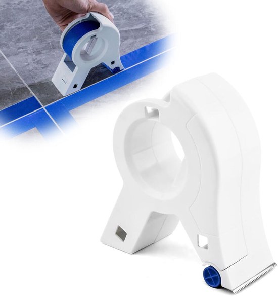Witte tape dispenser met blauw accent, aangebracht op blauw schilderstape op een tegelvloer.