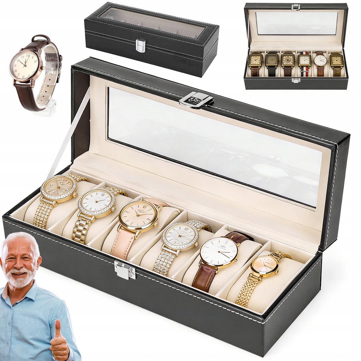 Horlogekoffer - Opbergdoos voor Horloges - 6 Vakken Fluweel Voering - 30x1 x8 cm - Kras- en schokbestendig, stof- en vochtbestendig - Geschikt voor Grote Horloges - Voor Thuis Verzamelaars