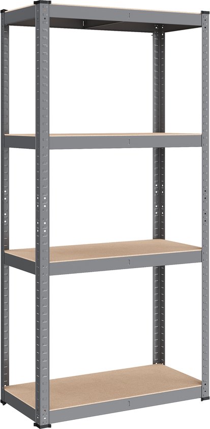 Grijze stellingkast met 4 planken, geïsoleerd op een witte achtergrond.
