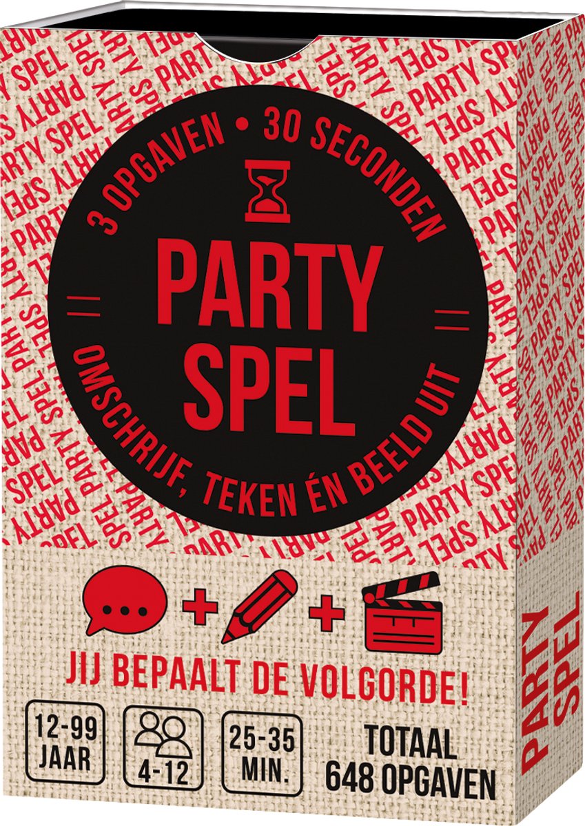 PARTYSPEL - Editie #1 - Kaartspel - Grotere kaarten in stevig ladedoosje - Pocketformaat Party en Raadspel / Tekenspel / Uitbeeldspel met 648 opgaven; omschrijven, tekenen en uitbeelden - geschikt voor grote groepen