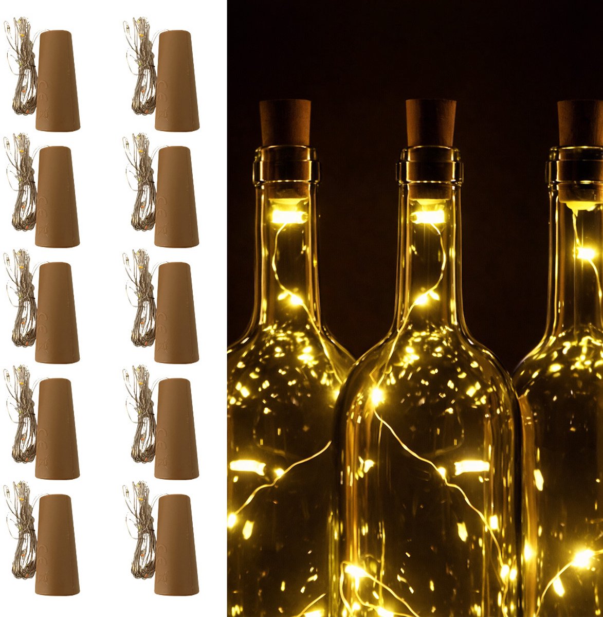 Flesverlichting - Warm Wit - 10 Stuks - Met Kurk- Lampjes Slinger - Lichtjes Slinger Op Batterijen - Fairy lights - Feestverlichting & Sfeerverlichting - Binnen & Buiten