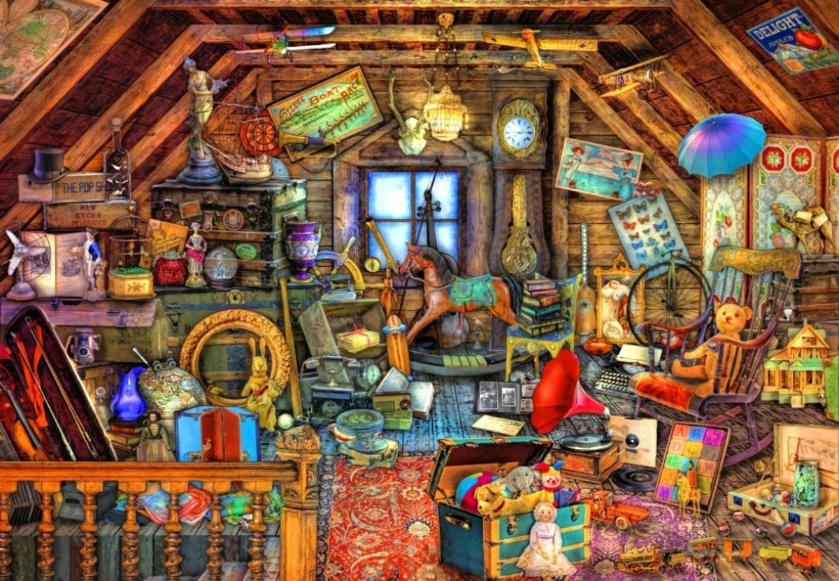 Bluebird Puzzle legpuzzel Hidden Object Attic 1000 stukjes karton.