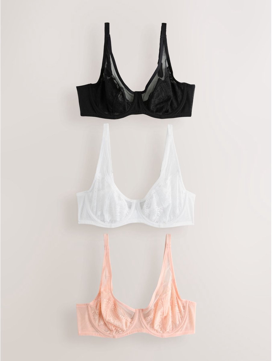 Next Dames - Set van 3 DD+ beha's met kant zonder vulling met volledige cups - Zwart Black/Pink/White