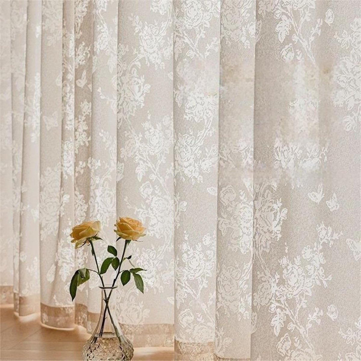 Jacquard Vitrage Gordijn - Elegant Kant Gordijn - Woonkamer Decoratie - Delicaat Vlinderpatroon - 175 x 140 cm - Zandkleurig