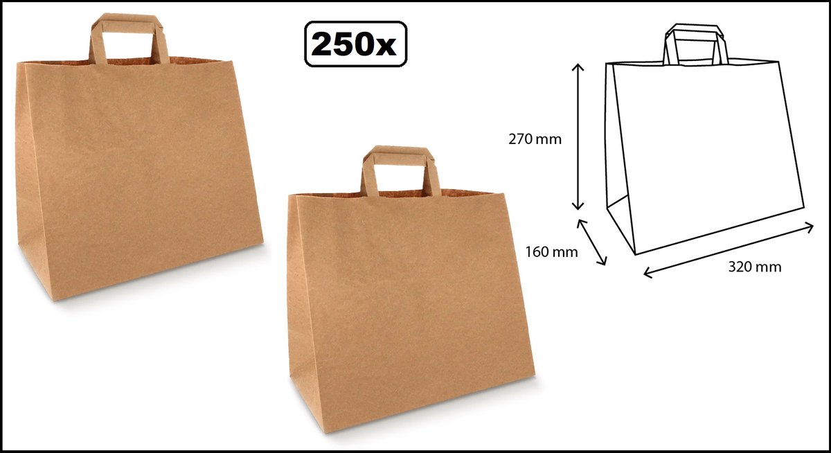 250 stuks Papieren tassen Groot kraft 32x16x27cm gerecycled