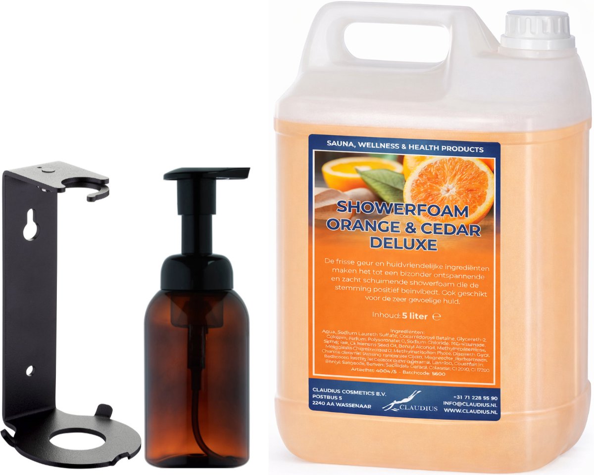 Foam Zeep 5 liter Orange & Cedarwood - met 300 ml dispenser en muurbeugel