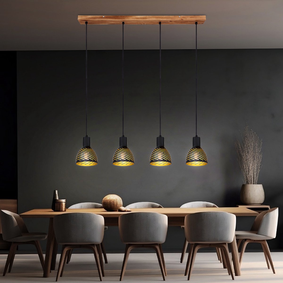Hanglamp zwart goud eettafel lamp hanglamp 4 vlammen woonkamer, metaal hout look, 4x E27, LxH 90x120