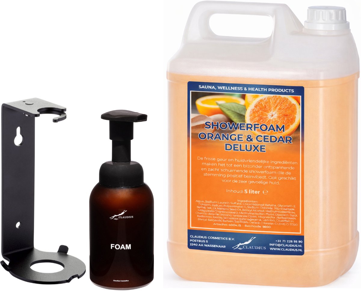 Foam Zeep 5 liter Orange & Cedarwood - met 300 ml dispenser (met bedrukking) en muurbeugel
